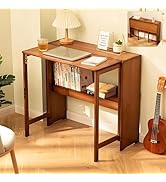 Dezyfurni Bamboo Folding Desk Mid Century Modern Desk for Home Office Bedroom Small Spaces, Brown