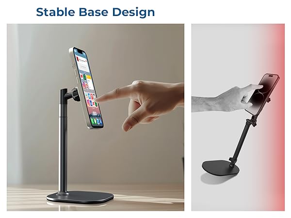 Adjustable phone stand with telescoping arm and stable round base, shown in use with smartphone and demonstrating height adjustment capability.