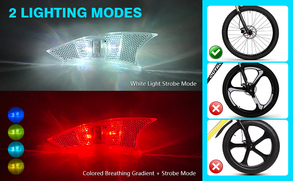 Text reads '2 LIGHTING MODES'. Series of bicycle wheel images and red lighting effects shown in what appears to be product demonstration panels.