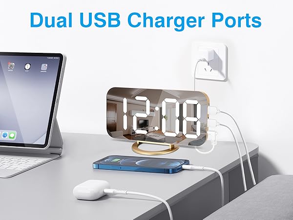 led mirror clock with usb charger port