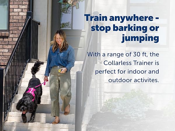 Person walks dog with PetSafe Collarless Trainer, ideal for correcting behavior from 30 feet away. 