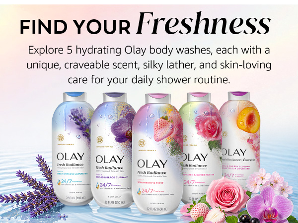Collection of Olay Fresh Radiance products next to floral elements