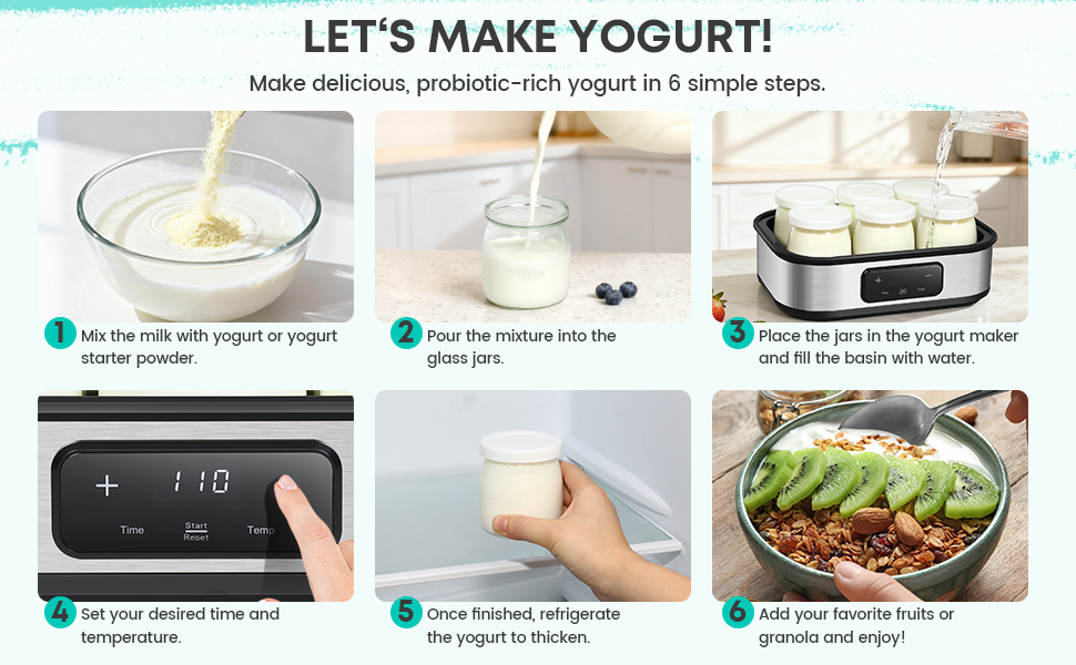 Easy six-step guide to make healthy homemade yogurt, ready to add your favorite fruits or granola.