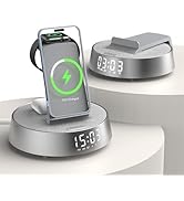 Alarm Clock Charging Station for Bedrooms, Wireless Charging Station with Dimmable Night Light Bl...