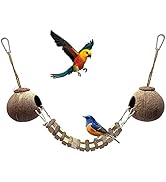 Hamiledyi Coconut Bird Nest Hut with Ladder Hanging Birds Hide House Toy for Cage Natural Coco Sh...