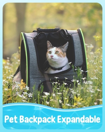 Text reads 'Pet Backpack Expandable'. Dark gray/black expandable pet carrier backpack with mesh window, containing a white and brown cat, displayed outdoors in green grass.