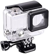 Transparent waterproof case for action camera. Features black frame, lens opening, and mounting bracket. Designed for underwater protection and secure attachment.