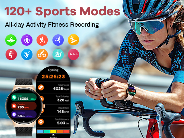 Smartwatch with 120+ sports modes interface showing fitness tracking display and colorful activity icons. Screen displays workout statistics and exercise monitoring features.