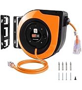 EP Retractable Extension Cord Reel,65 Feet 12 AWG/3C SJTOW Heavy Duty Power Cord,15 AMP Circuit B...