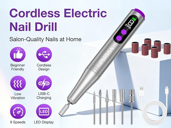 PYRYSA Silver Cordless Electric Nail Drill 9 Speeds LED Display Rechargeable Manicure Pedicure Tool