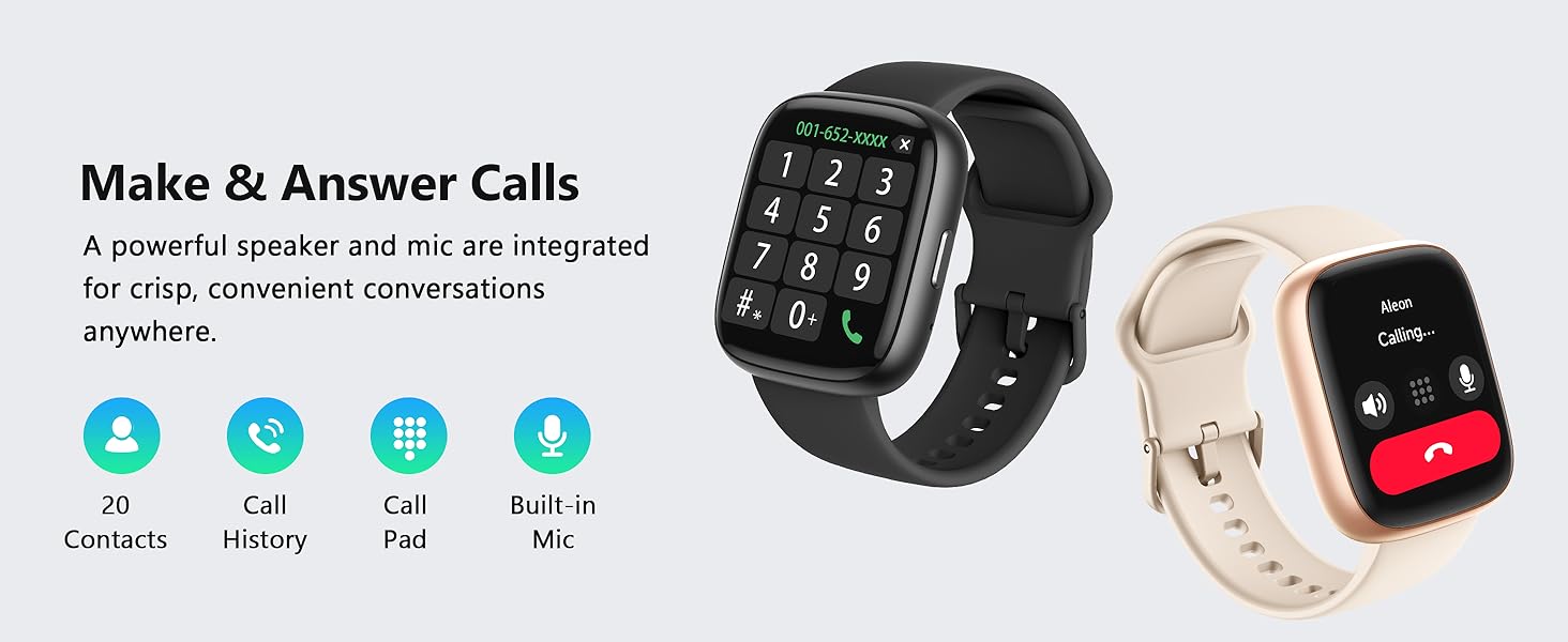 Product showcase of a smart watch displaying various function icons. Shows interface features including 'Make &amp; Answer Calls' and other communication capabilities.