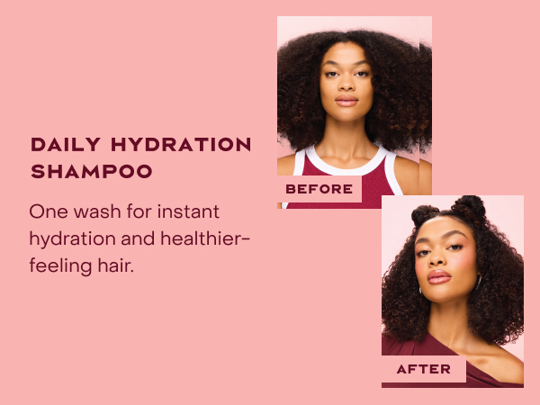 Two images of the same woman comparing her hair before and after applying our shampoo.