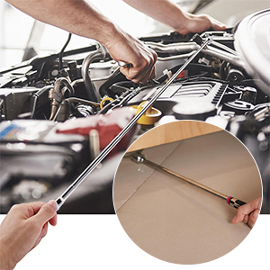 Automotive repair tool demonstration showing hands using a wrench on an engine, with circular inset detail of tool connection point.