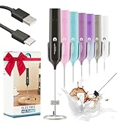 Rechargeable Mlik Frother Wand with Stand, Foam Maker with Stainless Whisk, 3-Speeds Electric Han...