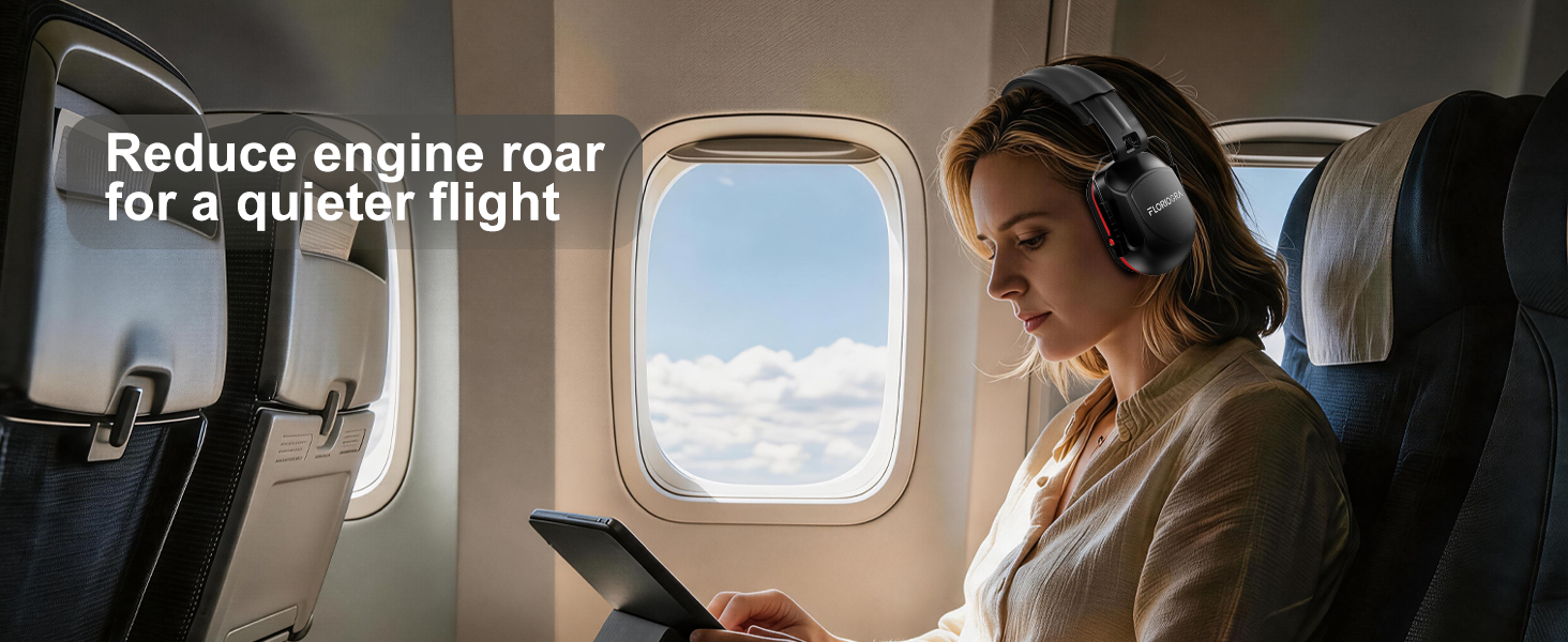 Text reads: 'Reduce engine roar for a quieter flight'. Woman wearing headphones inside airplane cabin near window, demonstrating noise-reduction functionality during air travel.
