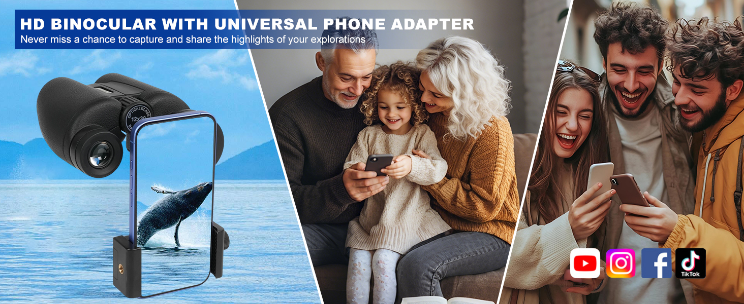 YINMONE 12X30 Small Handheld Binocular for Kids and Adults with Phone Adapter Detachable Lens Cover