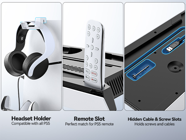 Text reads 'Headset Holder' and 'Remote Set'. Product diagram showing gaming accessory mounting system with labeled parts and installation views.