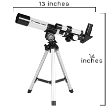 Telescope on tripod with assembled dimensions, 14 inches tall, 13 inches wide