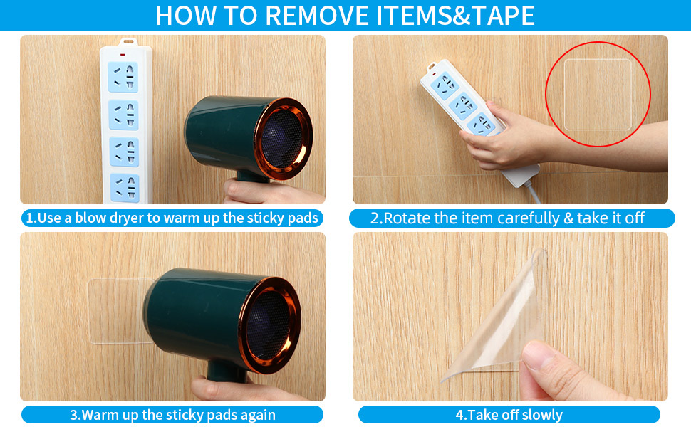 Remove method, use hair drier to warm up, roate carefully, take the item off and take the tape off