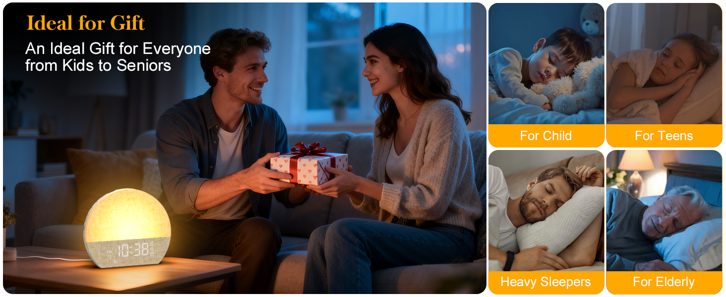 Text reads "Warm light for any mood", "As ideal talk for Everyday from Kids to Seniors". Couple interacting with glowing orb-shaped lamp in evening setting, with product usage examples shown in smaller panels.