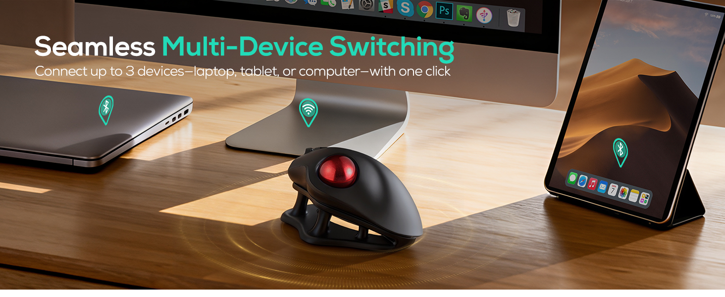 Text reads 'Seamless Multi-Device Switching'. Marketing image showing computer mouse on desk surface connecting to multiple devices.