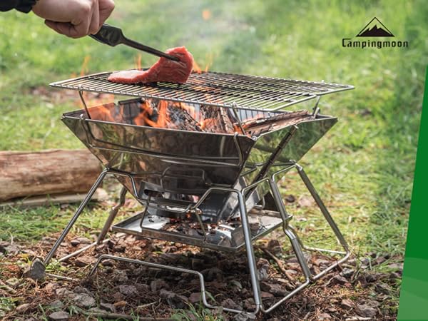 CAMPINGMOON Stainless Steel Foldable Camping Grills Portable Wood Burning Charcoal Grill