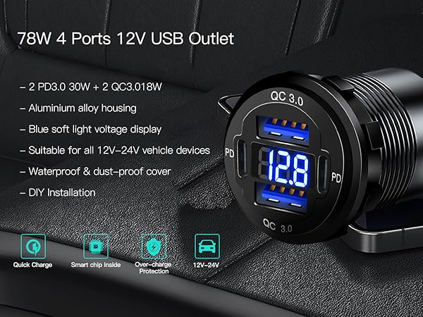 12V USB Outlet Aluminum Charger 78W Multiple USB Port for Car USB C Cigarette Lighter Replacement