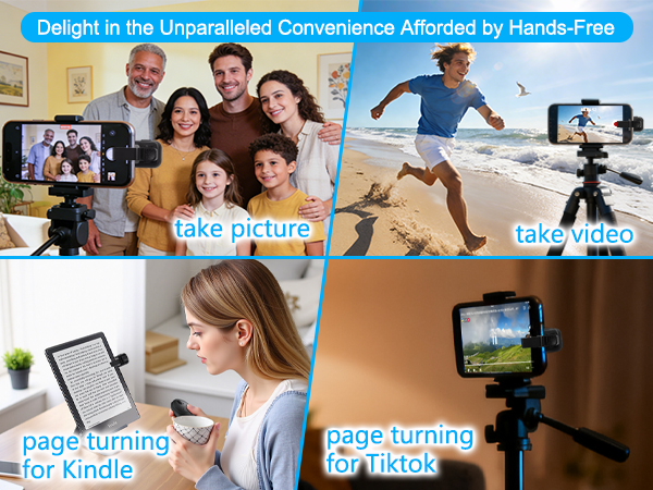 Text reads 'Delight in the Unparalleled Convenience Afforded by Hands-Free'. Multiple images demonstrating device usage for Kindle, photos, and page turning functions.