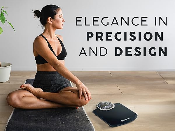 Text reads 'ELEGANCE IN PRECISION AND DESIGN'. Fitness or yoga setting showing exercise mat and digital scale on wooden floor.