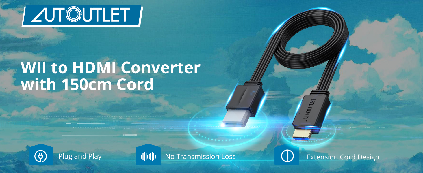 Wii to HDMI converter cable with 150cm cord. Black cable with blue-lit connectors. Product features include plug-and-play functionality, no transmission loss, and premium cord design.