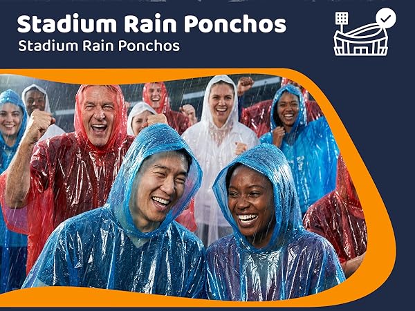Fans wearing ponchos in a rainy stadium