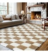 Ecoshag Soft Rugs for Living Room, 5x7 Ft Beige and White Checkered Fluffy Shaggy Rugs for Indoor...