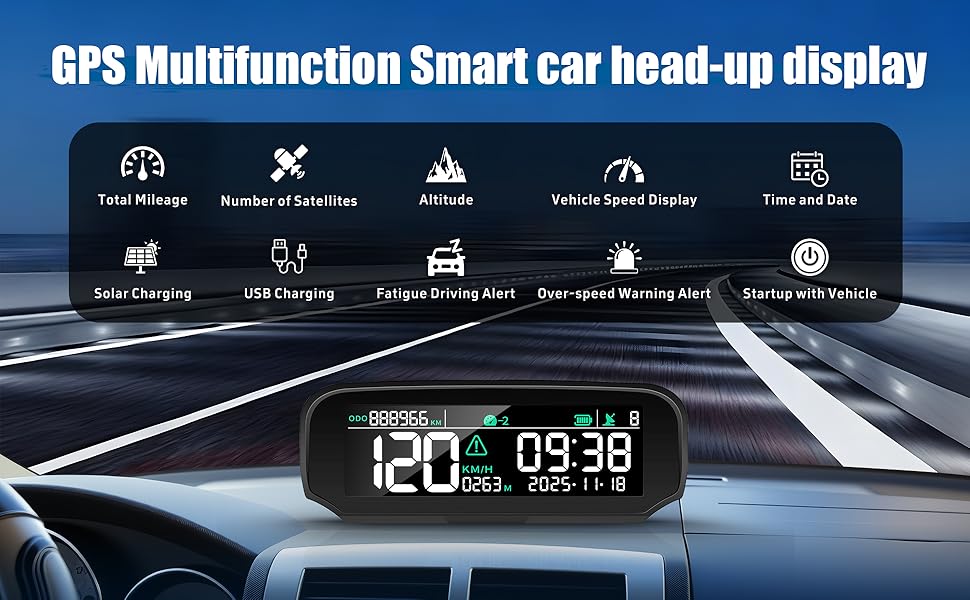 Wireless Heads Up Display for Cars Solar GPS Digital Speedometer