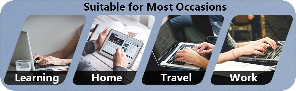 Four-panel image showing different usage scenarios labeled Learning, Home, Travel, and Work with illustrations of hands typing.