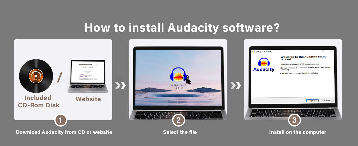 Text reads 'How to Install Audacity Software?' Tutorial interface showing multiple steps with icons for downloading, making setup executable, and computer installation screens.