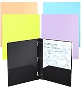 Maimis Plastic File Folders with Pockets - (5 Pack, Assorted Colors) Heavy Duty 3 Hole Two Pocket...
