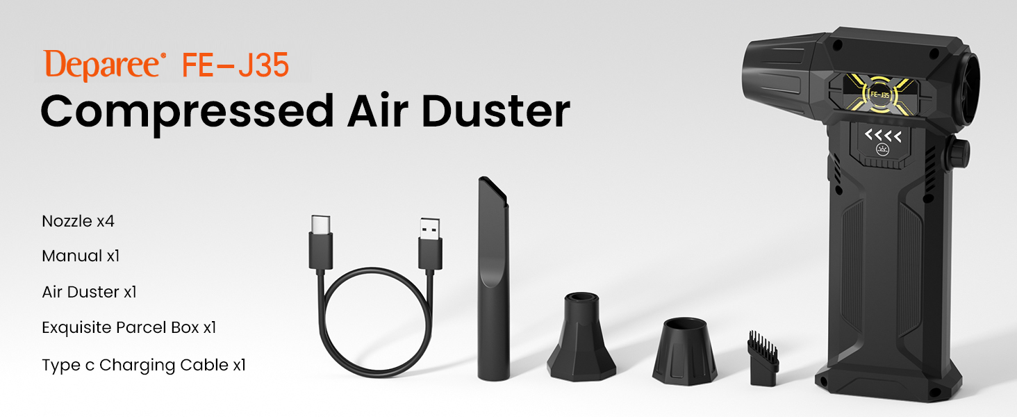 Deparee FE-J35 Air Duster set with nozzles, manual, type C cable, and an exquisite parcel box.