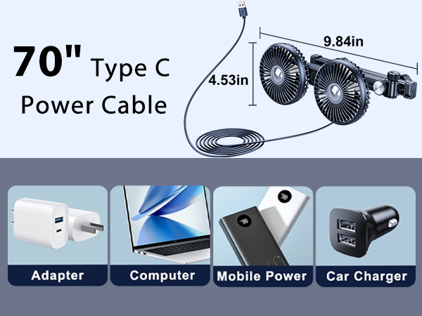 Nauttxon USB Car Fan for Backseat kids with Retractable Long Arm, equipped with 70&amp;#34; USB C Cable