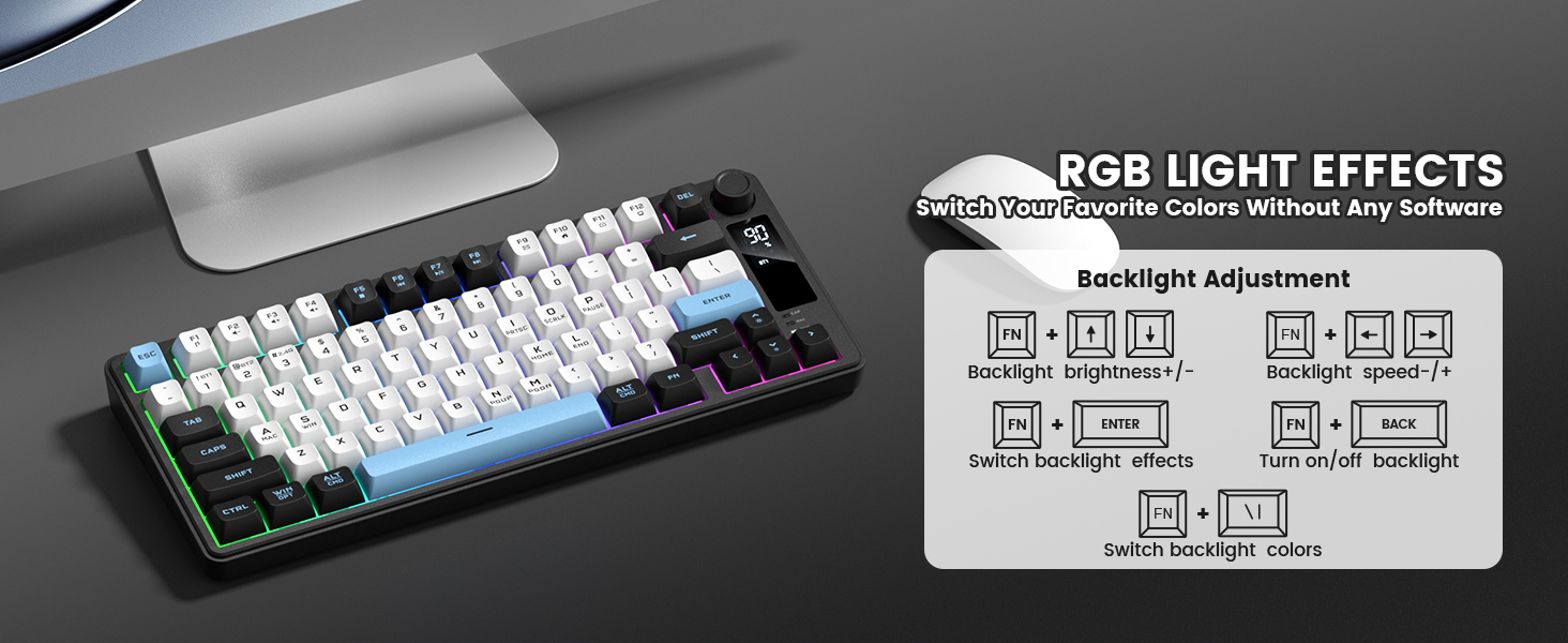 mechanical keyboard featuring RGB backlighting effects, with instructions how to adjust backlight