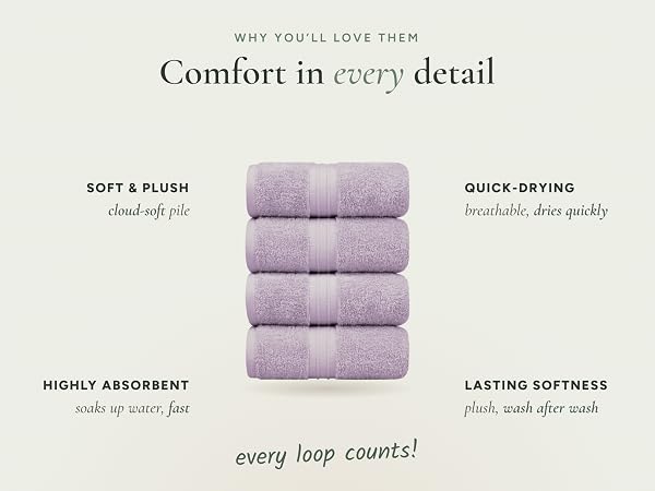 Lilac hand towels stack, cloud-soft plush absorbent towel, dries quickly, lasting softness