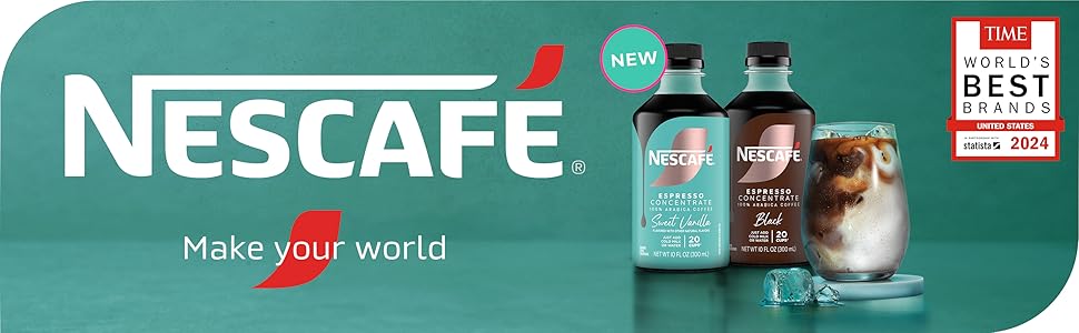 Two flavors of Espresso Concentrate with a glass of concentrate and milk. NESCAFÉ. Make your world.