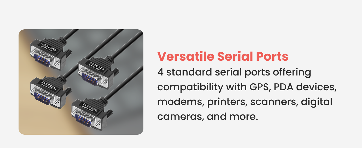 Versatile Serial Ports showing 4 DB9 RS232 cables for printers and scanners via USB