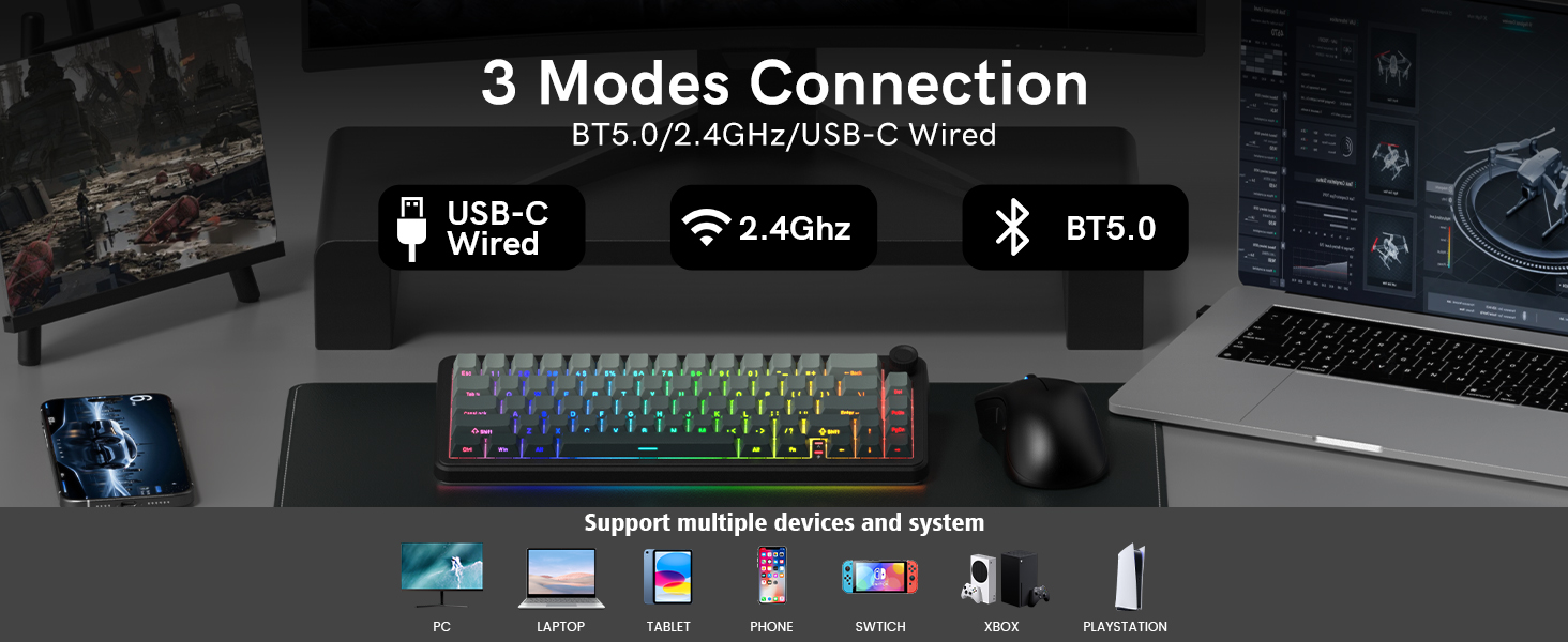 60 Mechanical Keyboard Wireless with Knob, Black Gaming Keyboard,USB-C/BT5/2.4G RGB Hot Swappable