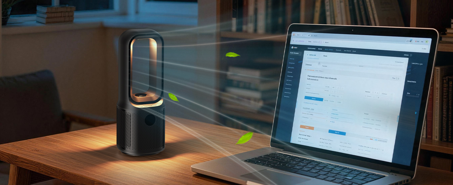 Quiet desk fan beside laptop – gentle breeze for focused work at home office