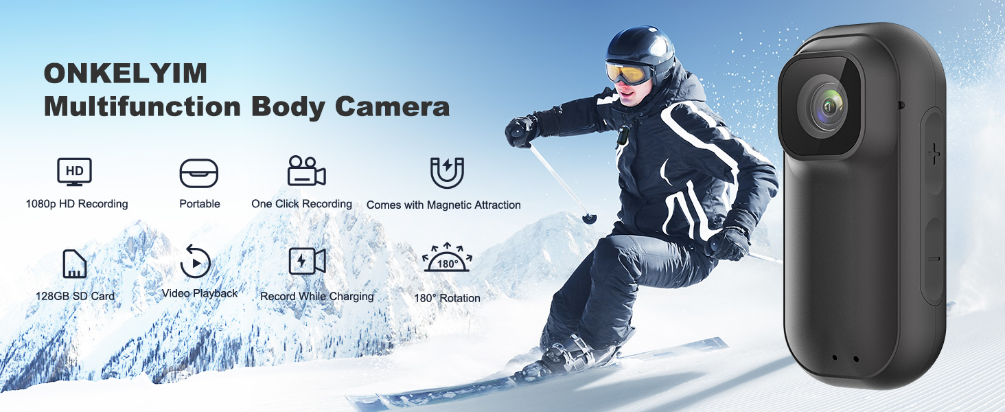 Text reads 'ONKELYIM Multifunction Body Camera'. Marketing banner showing snowboarding scene with product features icons and action camera product shot.