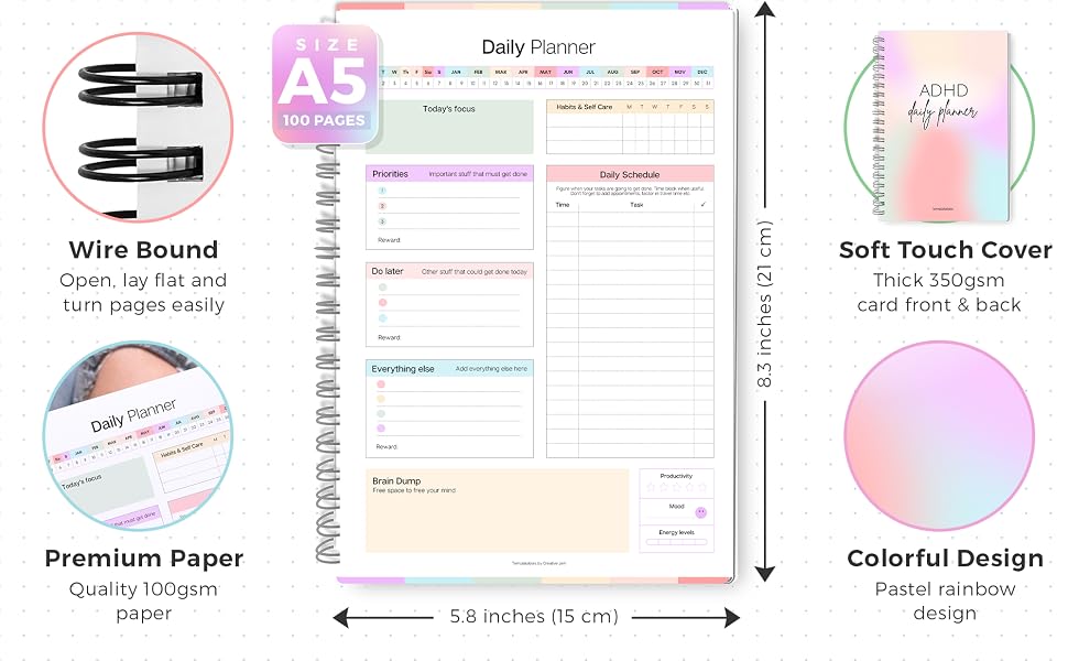 Daily planner layout showing wire-bound design, soft touch cover, and premium 100gsm paper. Features rainbow pastel color scheme with organized sections for daily planning.