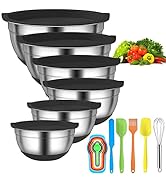 Menbyci 6 Pcs Mixing Bowls with Lids,Stainless Steel Mixing Bowls,Black Non-Slip Bottoms,Includin...