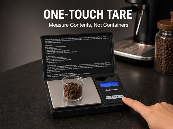 User pressing the tare button while weighing coffee beans in a glass cup.