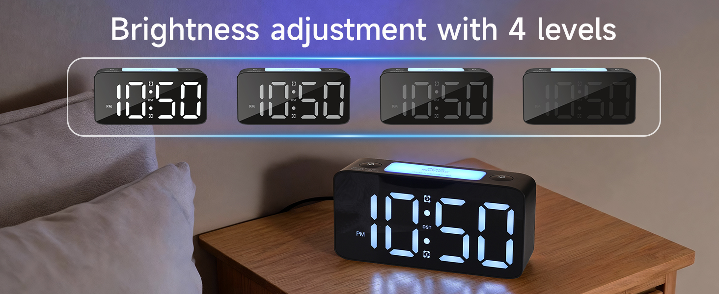 4 level brightness dimmer RGB digital alarm clock for bedroom nightstand adjustable display