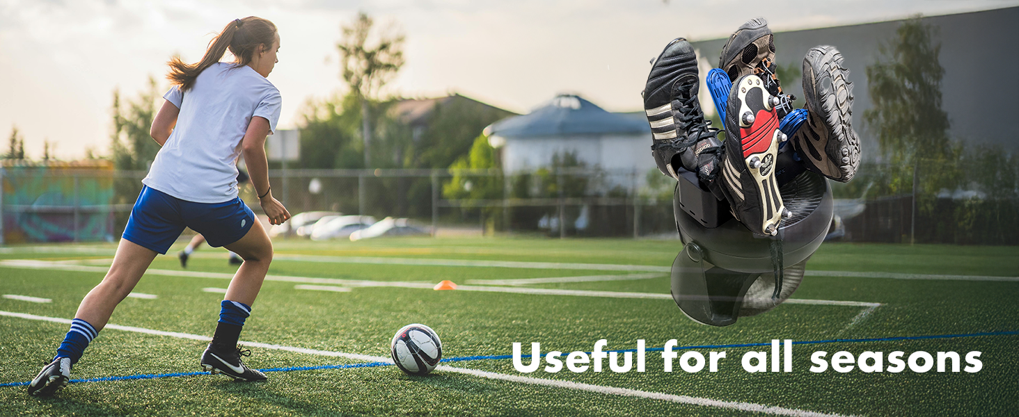 A girl playing soccer. The boot dryer sits on a fan, drying cleats and shoes